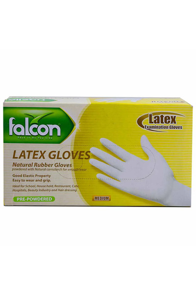 Falcon Pre Powdered Natural Rubber Gloves, Medium- 100pcs
