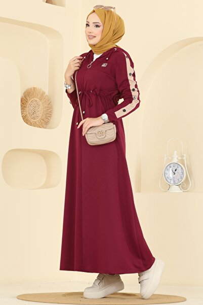 ModaMerve Beli Tünel Detaylı Elbise PL9177-MS Bordo