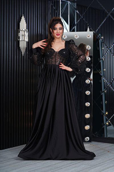 Helen Fashion İncili Tül Payet Saten Tasarım Göğüs Dekolteli Uzun Elbise Abiye