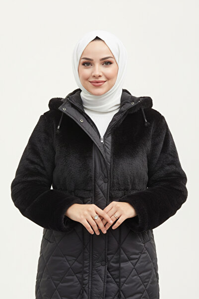 Modatuğsem Kapüşonlu Kürklü Kapitone Mont Siyah