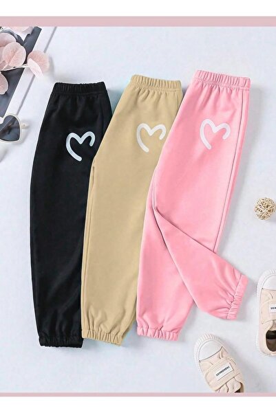 buendiakids Unisex 3`Lü Paket Beyaz Kalpler Baskılı Lastik Paça Eşofman Altı