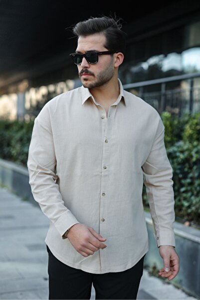 masso Men's Oversized Shirt Collar Long Sleeve Linen Shirt