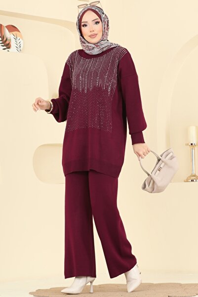 ModaMerve Önü Taşlı Triko Takım 1109MT581-MS Bordo