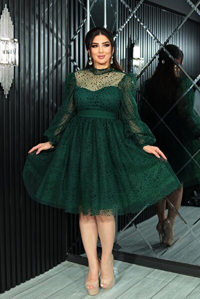 Helen Fashion Esnek Tül Üzerine Siyah Kar Yağdı Desenli Dekoltesi Kolları Tra...