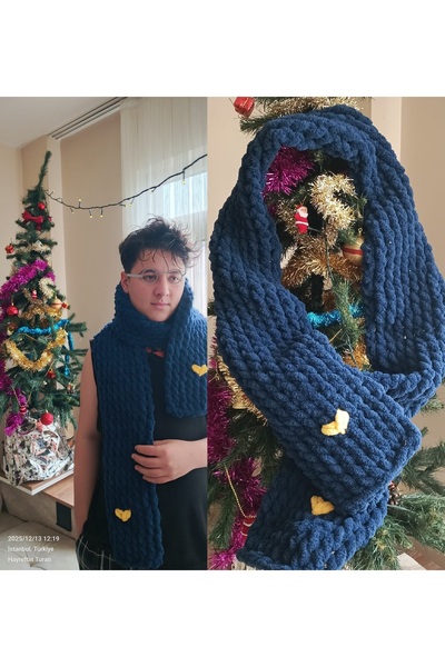 moonaja Puffy El Örgüsü Yumuşacık Taraftar Atkısı - Sarı Lacivert 20X200 cm