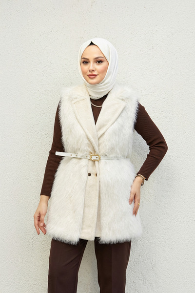 Modatuğsem Deri Kemer Detaylı Peluş Yelek Ekru