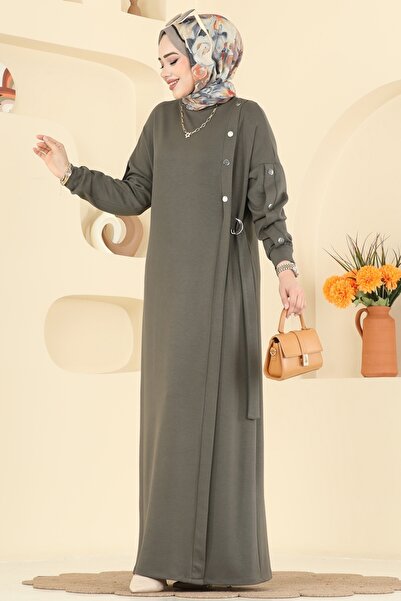 ModaMerve Aksesuar Çıtçıtlı Modal Elbise 2446ANT466-MS Haki