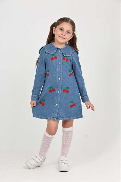 CANAN ÇAKMAK Kız Çocuk Kiraz İşlemeli Mavi Elbise