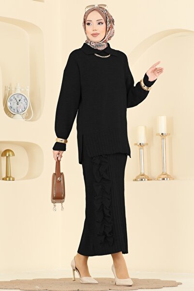 ModaMerve Fırfır Detaylı Triko Takım 2773AYD574-MS Siyah