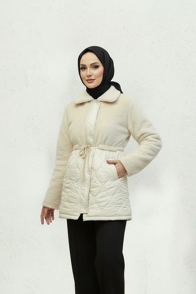 Modatuğsem Kürk Detaylı Kapitone Mont Bej