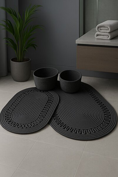MaVaux 4’lü Banyo Seti 2’li Oval Paspas ve 2’li Oval Sepet, Doğal Halat Dokum...