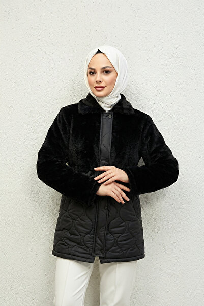 Modatuğsem Kürk Detaylı Kapitone Mont Siyah