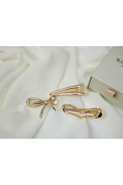ATELİER TUĞBA Tk007 3-Piece Gold Metal Bow, Heart and Handcuff Shape Clasp Set