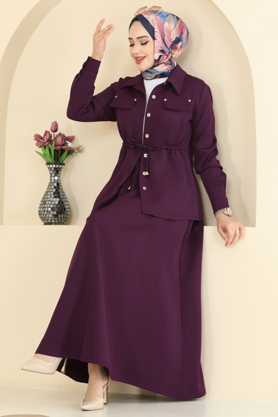 ModaMerve Beli Tünelli Etekli Takım PL9187-MS Mürdüm