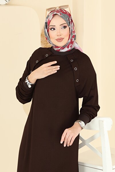 ModaMerve Kuşgözü Detaylı Kristal Elbise 3455UZ662-MS Kahve