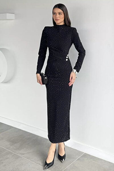 ZehraGül Siyah Kadın Omuz Vatkalı Taşlı Bel Drapeli Elbise