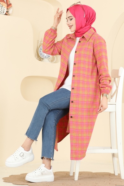 ModaMerve Renkli Desenli Ekose Tunik 3070KTR750-MS Pembe