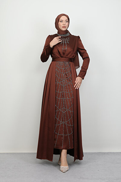 Lamia Giyim İşlemeli Pelerinli Abiye Acı Kahve