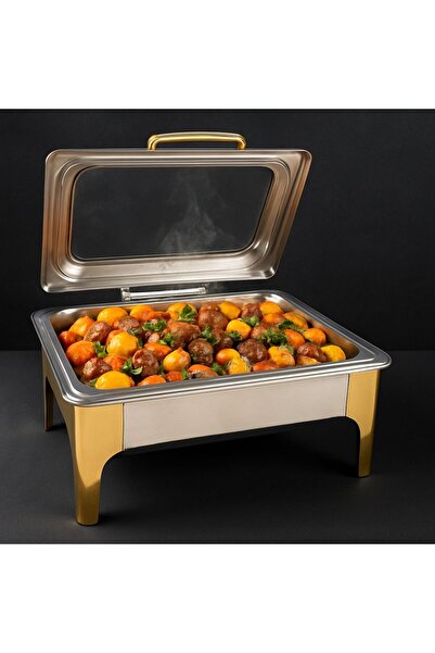 ALMASA Rectangular hydraulic buffet heater with glass opening, 9 liters, silver and gold combination.