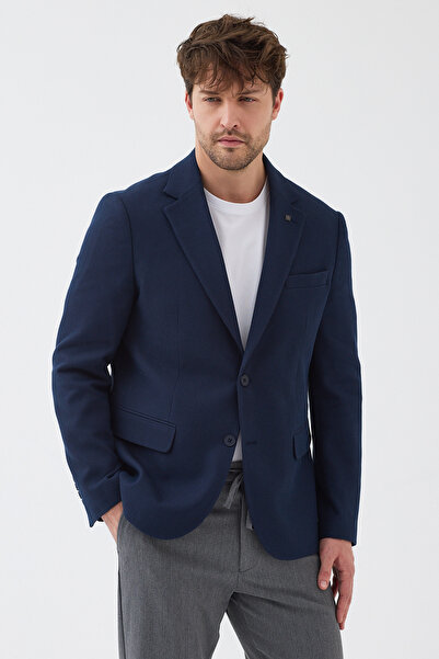 Frappoli Voler Men's Navy Blue Stretchy Polyviscon Fabric Fully Lined Slim Fit Mono Collar Sports Blazer Jacket