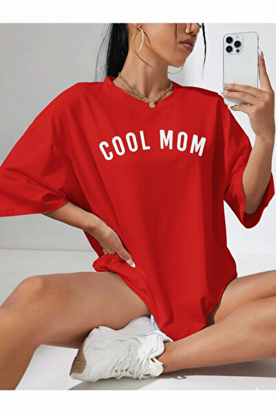 MARECASH Kadın Pembe Cool Mom (BEYAZ BASKILI) Hamile Tişört %100 Pamuk