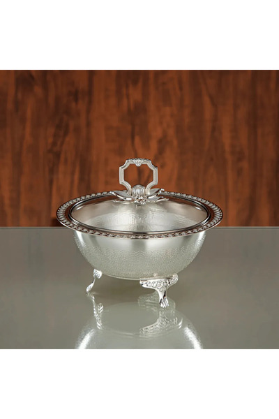 Kovar وعاء تمر أنيق بنقشة المرجان مع غطاء زجاجي 18×15 سم - فضي