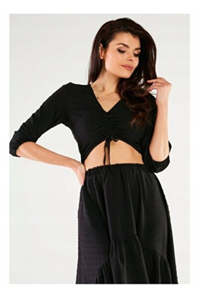 Awama - Bluză din poliester cu mânecă trei sferturi A423, neagră