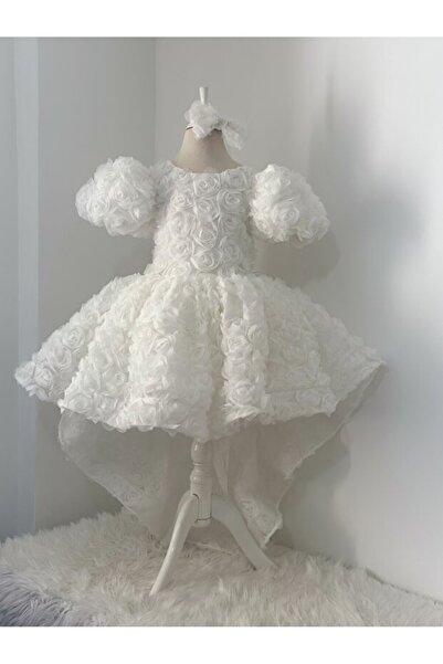 miço kids Kız Çocuk Abiye Elbise 3D Gül Detaylı Fiyonklu Özel Gün Elbisesi