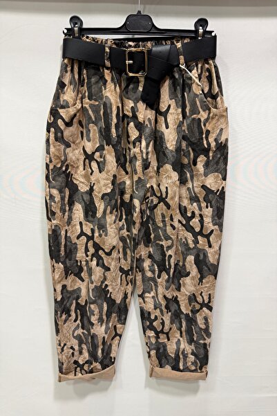 della moor Women's Camel Italian Camouflage Pattern Loose Fit Wide Leg Carrot/Shalwar Cut Stretchy Pants