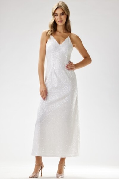 Awama Maxi Velvet Sequin Evening Dress, White (Polyester)