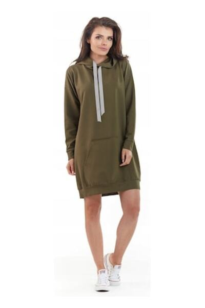 Awama - Long women's hoodie, Cotton/Polyester/Elastane, Khaki, One Size