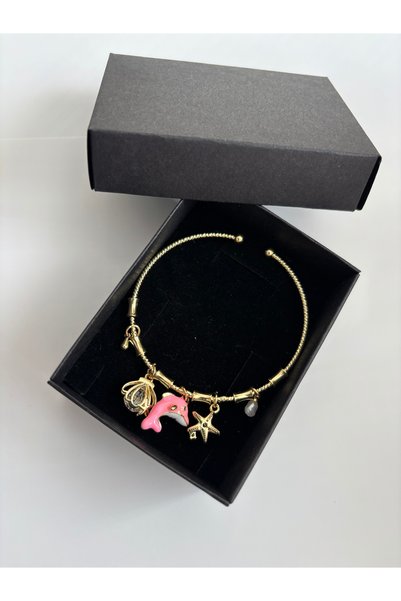 Minia Charm Dangling Pink Whale Pearl and Stone Non-Tarnish Gold Color Adjustable Women's Bracelet