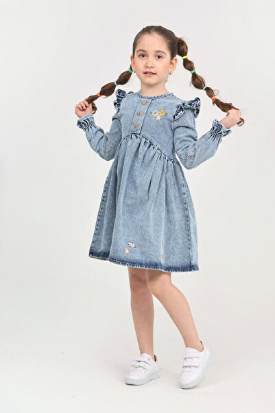 MODANINO Rochie din denim cu volane pe umăr, brodată cu margarete, pentru fet...