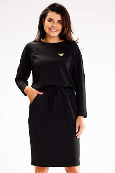 Awama Short Long-Sleeve Dress A606, High Neck, Black