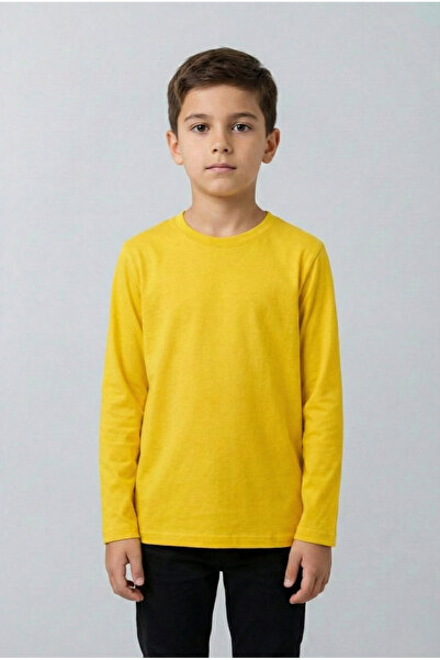 nacar çarşı Çocuk Sarı Pamuklu Bisiklet Yaka Uzun Kollu Basic Tişört 23 Nisan...