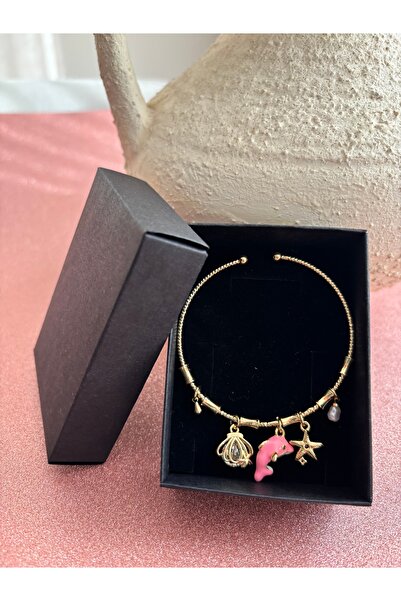 Minia Charm Sallantılı Pembe Balina İnci ve Taşlı Kararmaz Altın Renk Ayarlan...