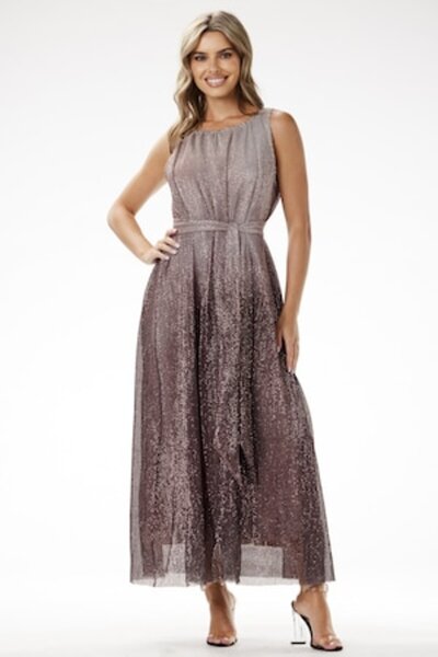 Awama A703 Sequin Maxi Evening Dress, Brown, Polyester