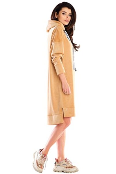 Awama Velour Dress, Polyester, Beige, L-XL