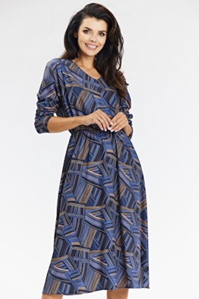 Awama A666 kimono midi women's dress, polyester - navy