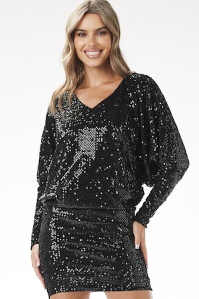 Awama Rochie mini kimono A700 din catifea, cu paiete, mâneci lungi, neagră, XL