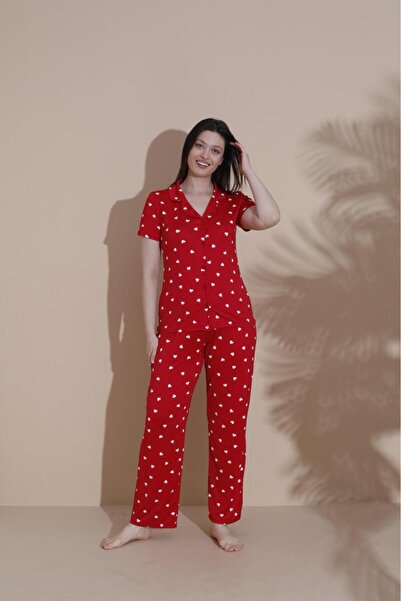 FİT WOMEN PAMUKLU KALP DESENLİ DÜĞMELİ KISA KOLLU PİJAMA TAKIMI 19011