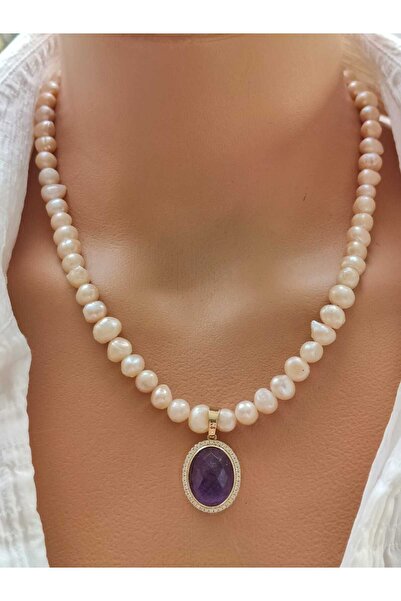 elinasaccessories El yapımı inci ve ametist taşlı zarif kolye baraque pearl k...
