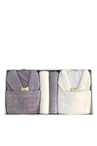 ROYAM Durul Antique Partial Velvet Cotton 8 Piece Family Bathrobe Set