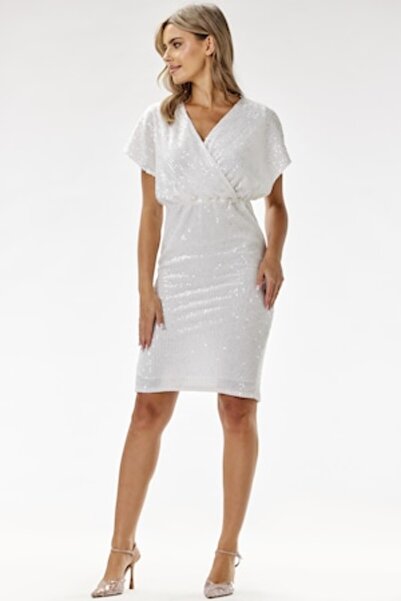 Awama A698 Short Sequin Velvet Midi Dress, White