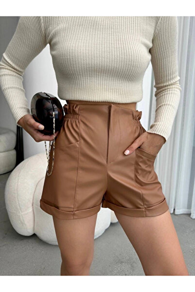 ELNOYA Leather Shorts with Elastic Waistband Coffee H24605 - L