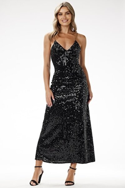 Awama - Maxi Velvet Sequin Evening Dress, Black, Polyester