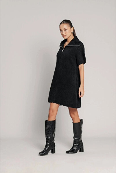 esilamoda Women's Black Beard Zipper Dress