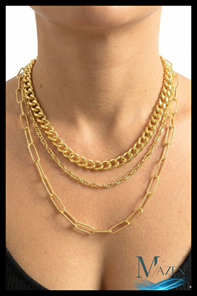 MAZEN Çoklu Zincir Gold Renk Kolye | Katmanlı Kadın Kolye Aksesuar