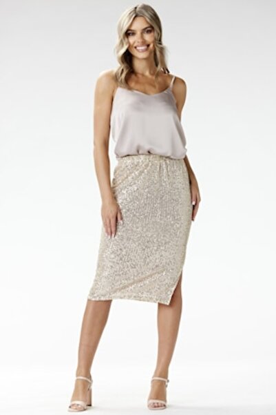 Awama - Midi sequin skirt, beige, knit with sequins, polyester/elastane