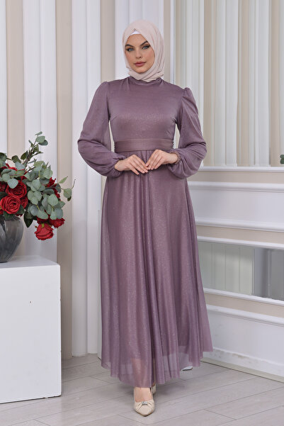 Helen Fashion Lavanta Renkli Simli Tül Tesettür Abiye